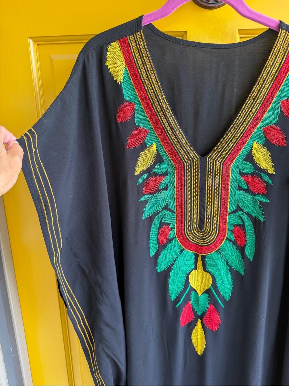 Black Embroidered Dashiki Style Kaftan with Red, Green & Yellow Accents